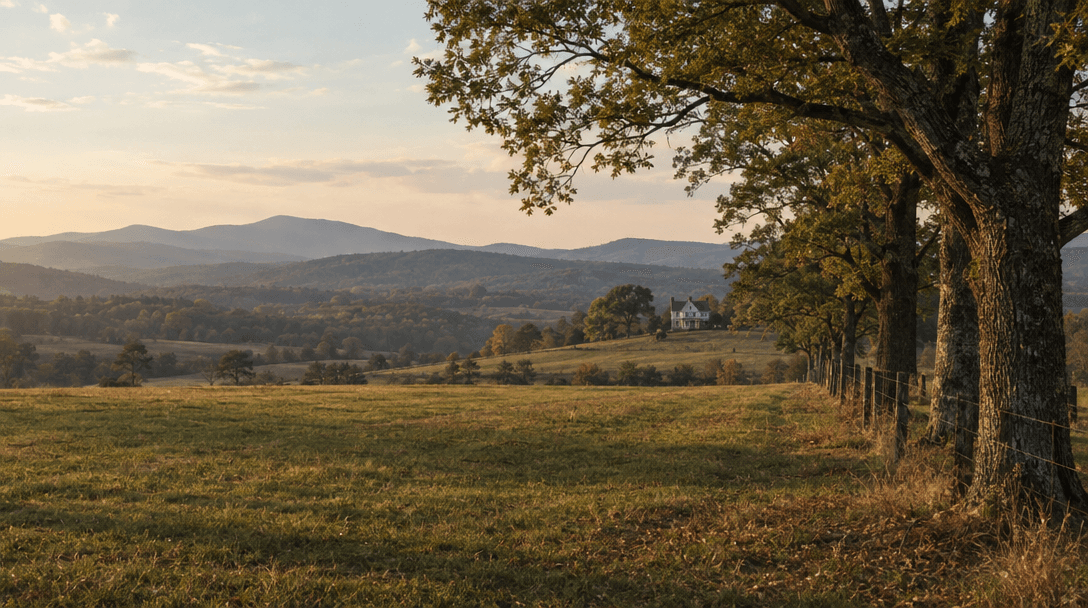 A historic farmhouse set among fields and old oak trees